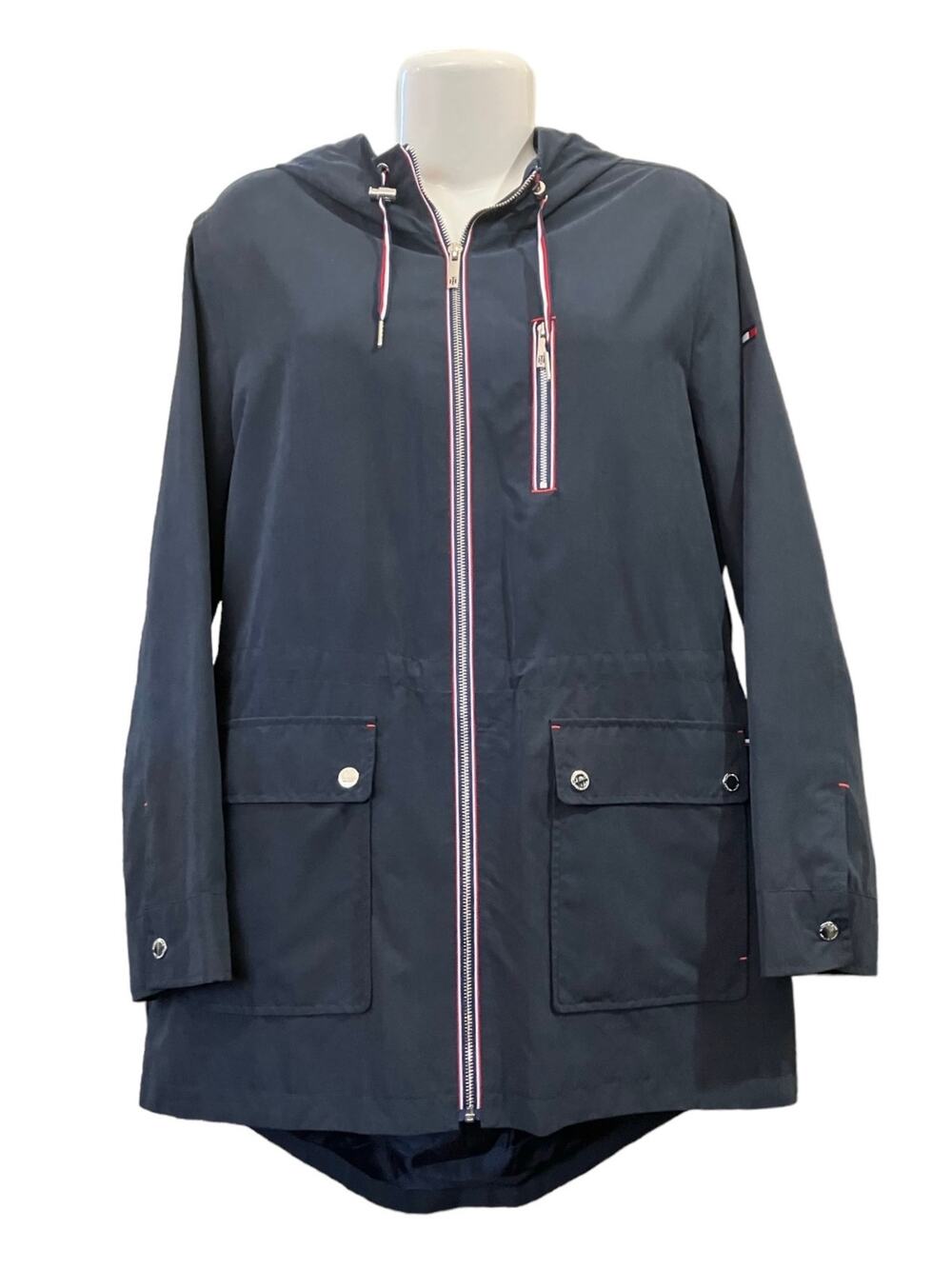 Tommy Hilfiger Women's Navy Full Zip Storm Jacket w/ Hood Pockets | Size L EUC